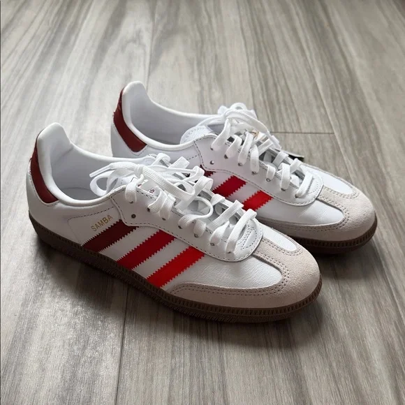 adidas Samba White Sneakers with Red Stripes - Picture 1 of 8